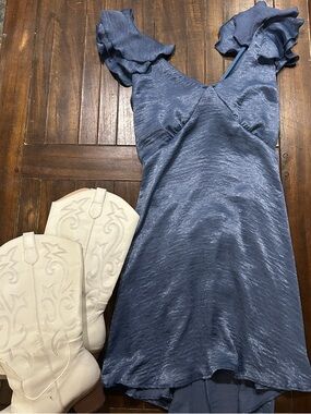 Alter’d State - Satin-look Ruffle Sleeve Dress in Dusty Blue